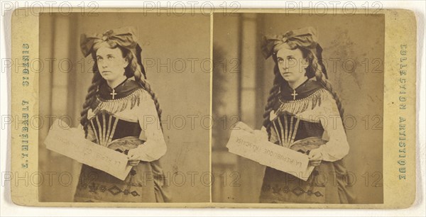 Young woman standing, holding a  La Republique Francaise  newspaper; E. Thiébault French, active Paris, France 1850s - 1870s