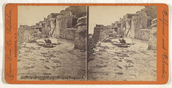 Outer Walls of Mouqui, Showing Entrance & Ladders by Which People Ascend to their Houses; Union View Company; 1880s; Albumen