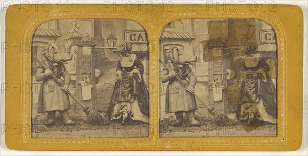 Scene from a play: woman dressed as a pig sweeping with another woman dressed as a bird; Adolphe Block, French, 1829