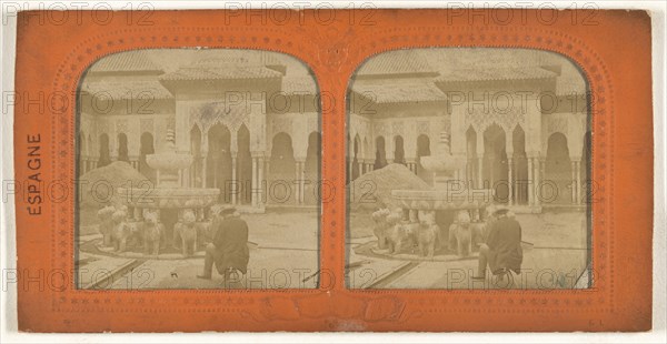 Man seated in front of fountain in the Court of Lions, The Alhambra, Spain; E. Lamy, French, active 1860s - 1870s, 1860s