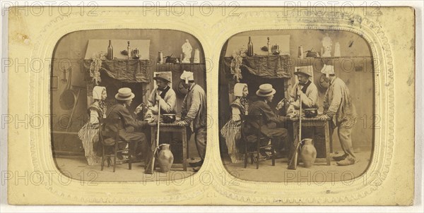 Genre scene: people in discussion around table, one woman with bonnet, gun leaning against table; E. Lamy, French, active 1860s