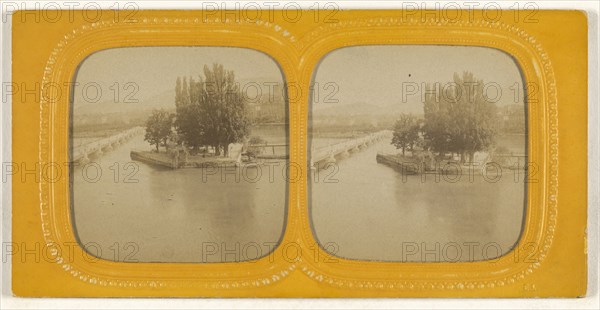 River scene with island, bridge to left, at Geneva; E. Lamy, French, active 1860s - 1870s, 1860s; Hand-colored Albumen silver