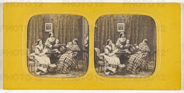 Genre parlor scene with four women; E. Lamy, French, active 1860s - 1870s, 1860s; Hand-colored Albumen silver print