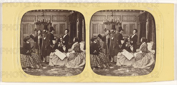 Parlor scene comprised of well-dressed people; about 1860; Hand-colored Albumen silver print