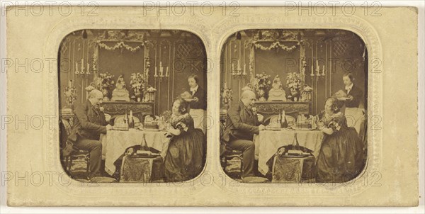 Elder man and woman at table eating, servant in background; 1855 - 1860; Hand-colored Albumen silver print
