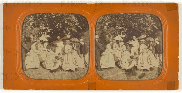 Group of well-dressed people outside, one man carrying oars; 1855 - 1860; Hand-colored Albumen silver print