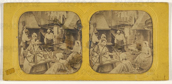 Genre scene: women spinning; 1855 - 1860; Hand-colored Albumen silver print