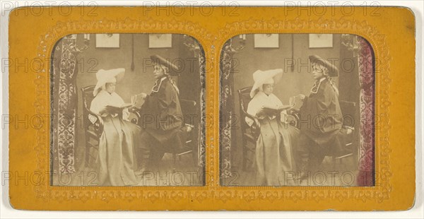 Young girl dressed as a nun with young boy wearing a cloak and three-corner hat; 1855 - 1860; Hand-colored Albumen silver print