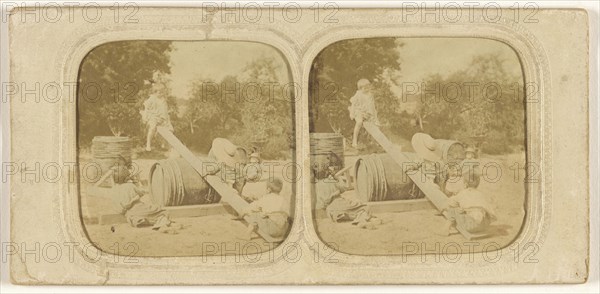 Children on makeshift see-saw; 1855 - 1860; Hand-colored Albumen silver print