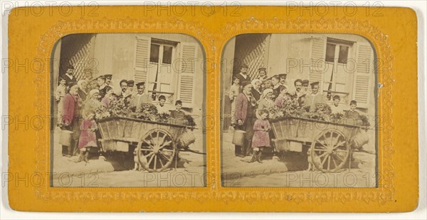 Group of people surrounding a cart of flowers; French; 1855 - 1860; Hand-colored Albumen silver print