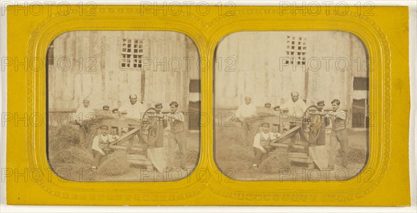 Men working on hay chafing machine; about 1865; Hand-colored Albumen silver print