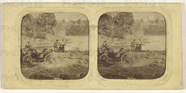 Men posed on rocks, another man posed by carriage; about 1865; Hand-colored Albumen silver print