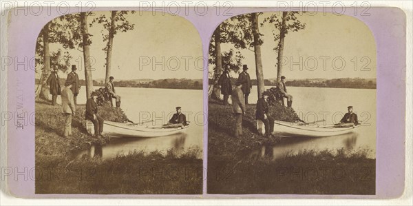 Boating scene: two men in rowboat, other men observing from river bank; Attributed to F.A. Wait, American, active 1860s