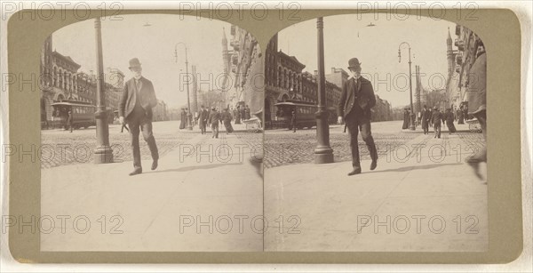 Elder white-bearded man with derby walking on Albany, N.Y. street; Julius M. Wendt, American, active 1900s - 1910s, 1900s