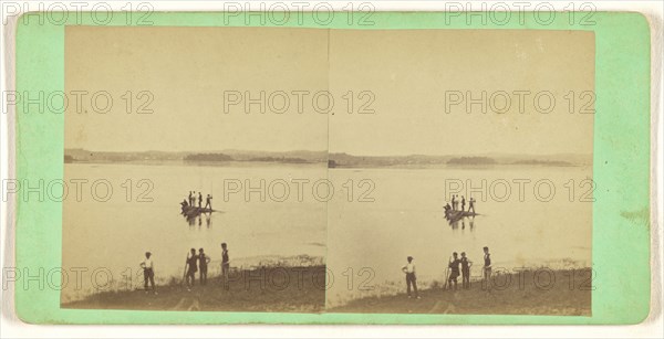 Men on raft with another group of men on shore; about 1865; Albumen silver print