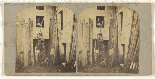 Young boys climbing ladder up to window where two woman are dumping water on them; about 1860; Albumen silver print