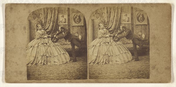 Genre: man trying to hold the hand of woman in hoop dress; about 1865; Albumen silver print