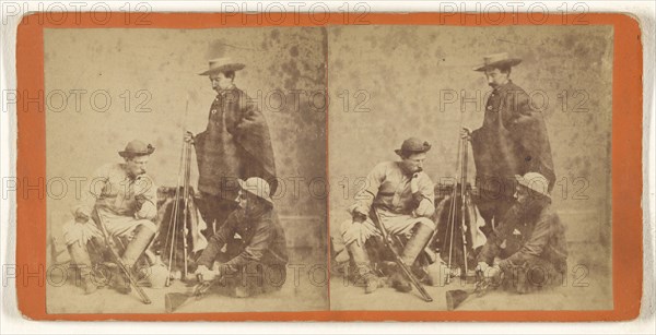 Genre: three men with hats, posed with guns; about 1865; Albumen silver print
