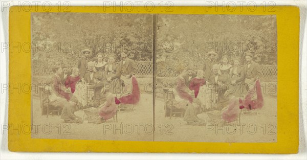 Family portrait taken in garden; about 1865; Hand-colored Albumen silver print