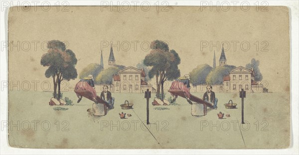 Optical illusion of a drawing of a couple on a see-saw; 1850s; Color lithograph