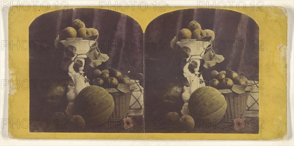 Basket and vase filled with fruit, cantalope at base; about 1865; Hand-colored Albumen silver print