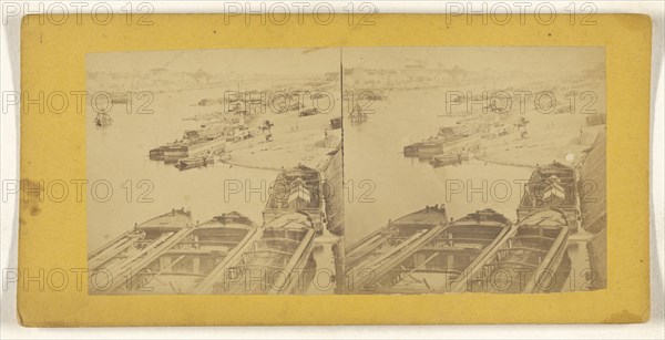 High angle view of barges in harbor; about 1870; Albumen silver print