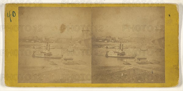 Cincinnati Susp. Bridge. Ferryboat the  Queen City, American; about 1870; Albumen silver print