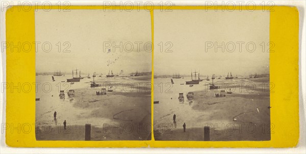 Beach scene, ships and wagons; British; about 1865; Albumen silver print