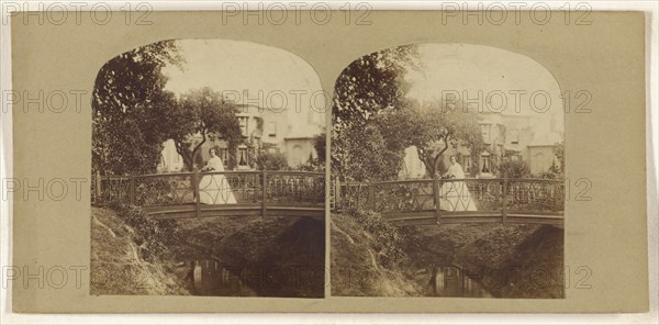 Woman standing on footbridge over stream; British; about 1860; Albumen silver print