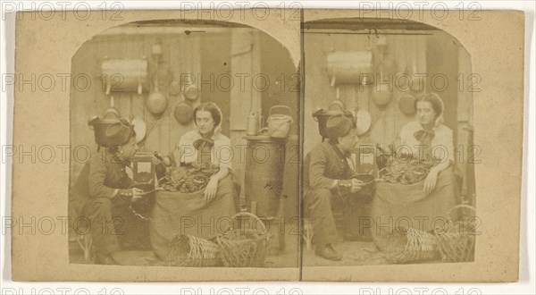 Woman seated in kitchen with foodstuffs on her lap, pouring wine into a pot being held by a man wearing a hat; French