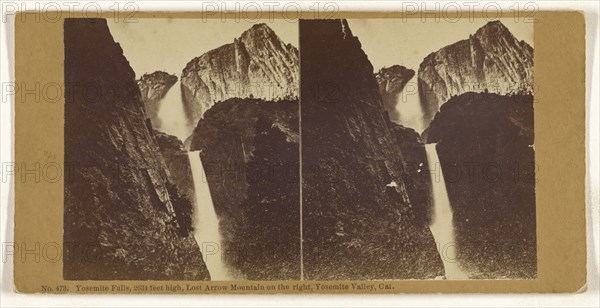 Yosemite Falls, 2634 feet high, Lost Arrow Mountain on the right, Yosemite Valley, Cal; American; about 1870; Albumen silver