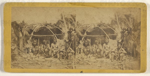 Group of American Indians posed at a hut; Attributed to B. F. Upton, American, born 1818, active Minneapolis and St. Anthony