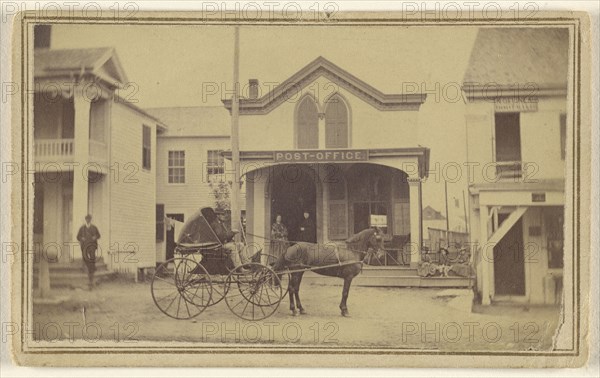 Man riding horse and buggy in front of post office; Ansel McIntosh, American, active 1870s - 1880s, about 1865; Albumen silver