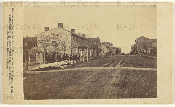 View of early Chicago, Illinois, with group of men in top hats at center left; Samuel Montague Fassett, American, born Canada