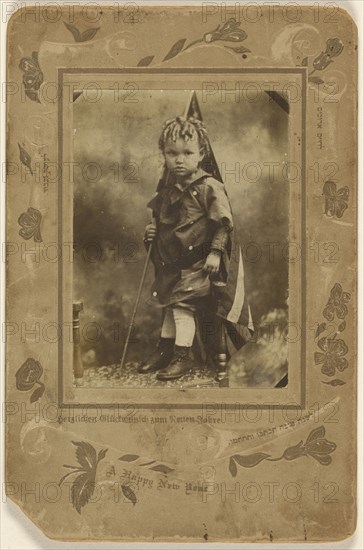 Little boy holding an American flag, standing on a chair; A. Rinin, American, active 1900s, about 1900; Gelatin silver print