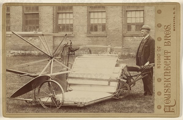 Man posing with a piece of farm machinery; Houseknecht & Brothers; about 1885; Gelatin silver print