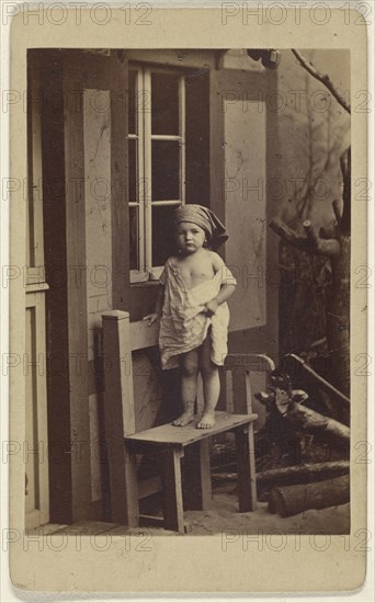 Genrebilder nach der Natur. Landliche Unschuld. little girl with scarf on head, standing in a chair; German; about 1862