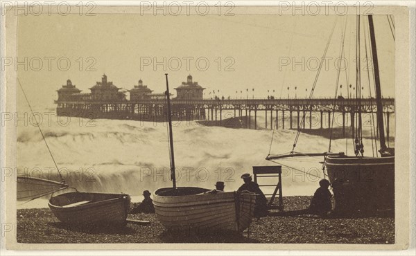 Beach view with pier, boats, and men at Brighton, England; William H. Mason, British, active Brighton, England 1860s, 1865