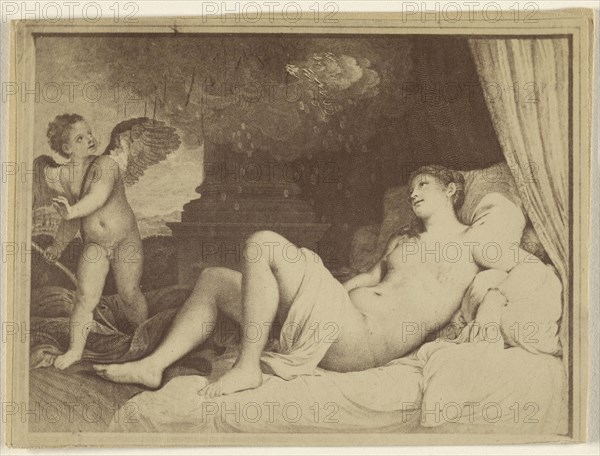 Reproduction of an  painting: nude woman reclining, angel at right; 1865 - 1870; Albumen silver print