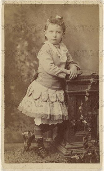 little girl, standing, leaning on a studio prop; Lee Stearns, American, active 1870s - 1910s, 1870 - 1875; Albumen silver print