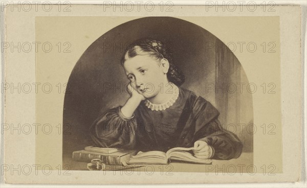 Copy of a painting of a dejected looking young girl reading a book at a table; 1865 - 1870; Albumen silver print