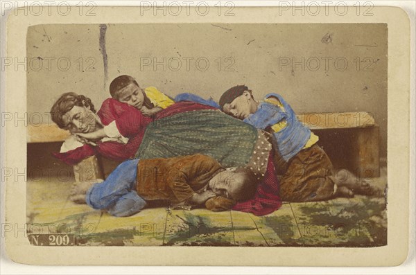 Gypsy mother and three children alseep on bench and ground; Giorgio Conrad, Italian, active 1860s, 1865 - 1870; Hand-colored