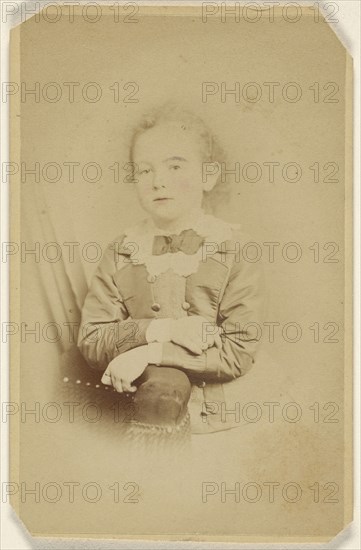 little girl with arms crossed, resting on chair arm, printed in vignette-style; William H. Seeler, American, active Philadelphia