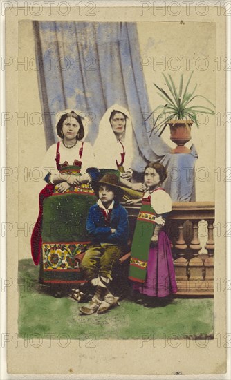 Cociare two  women seated next to a boy seated and a girl standing, all wearing native costumes; Antonio Mariannecci, Italian