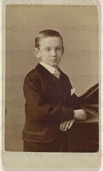 little boy standing, leaning on cloth-covered table; Alva Pearsall, American, 1838 - 1893, active Brooklyn, New York)