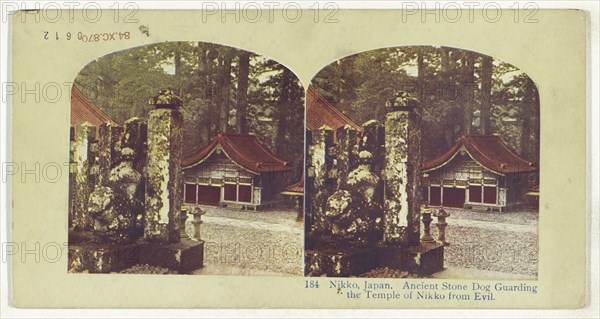 Nikko, Japan. Ancient Stone Dog Guarding the Temple of Nikko from Evil, recto, Nara, Japan. The Thousand Lanterns; about 1900