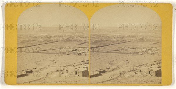 High angle view of an  desert village, possibly in southwestern United States; American; about 1870; Albumen silver print