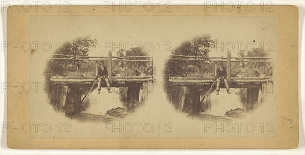 Boy fishing from a bridge, printed in vignette-style; about 1865; Albumen silver print