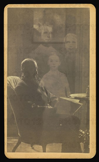 man with a long beard seated with three  spirits; William H. Mumler, American, 1832 - 1884, Boston, Massachusetts, United