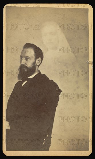 bearded man seated, a female  spirit  in the background; William H. Mumler, American, 1832 - 1884, Boston, Massachusetts